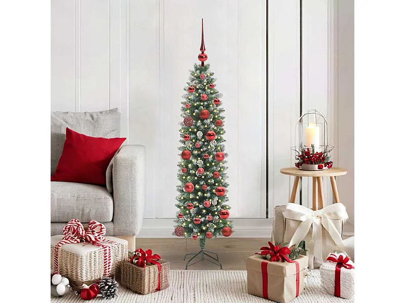 Kunstmatige slanke kerstboom met 150 LED Groen en wit 120 cm