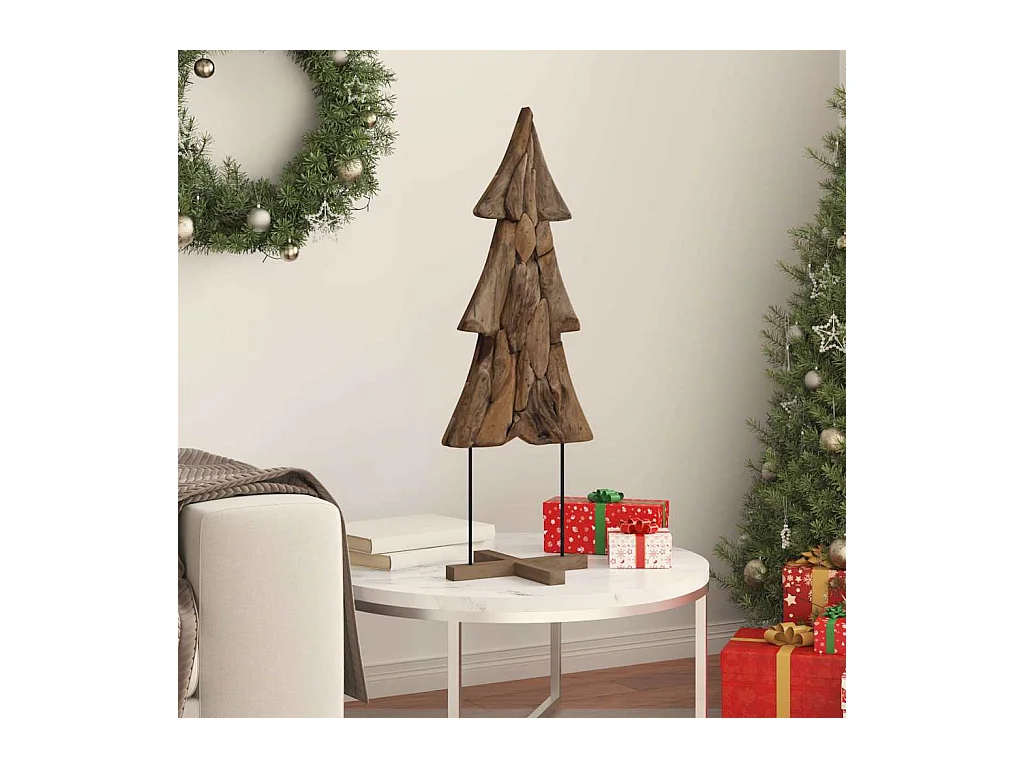 Sapin de Noël avec support Marron 90 cm Bois de teck solide