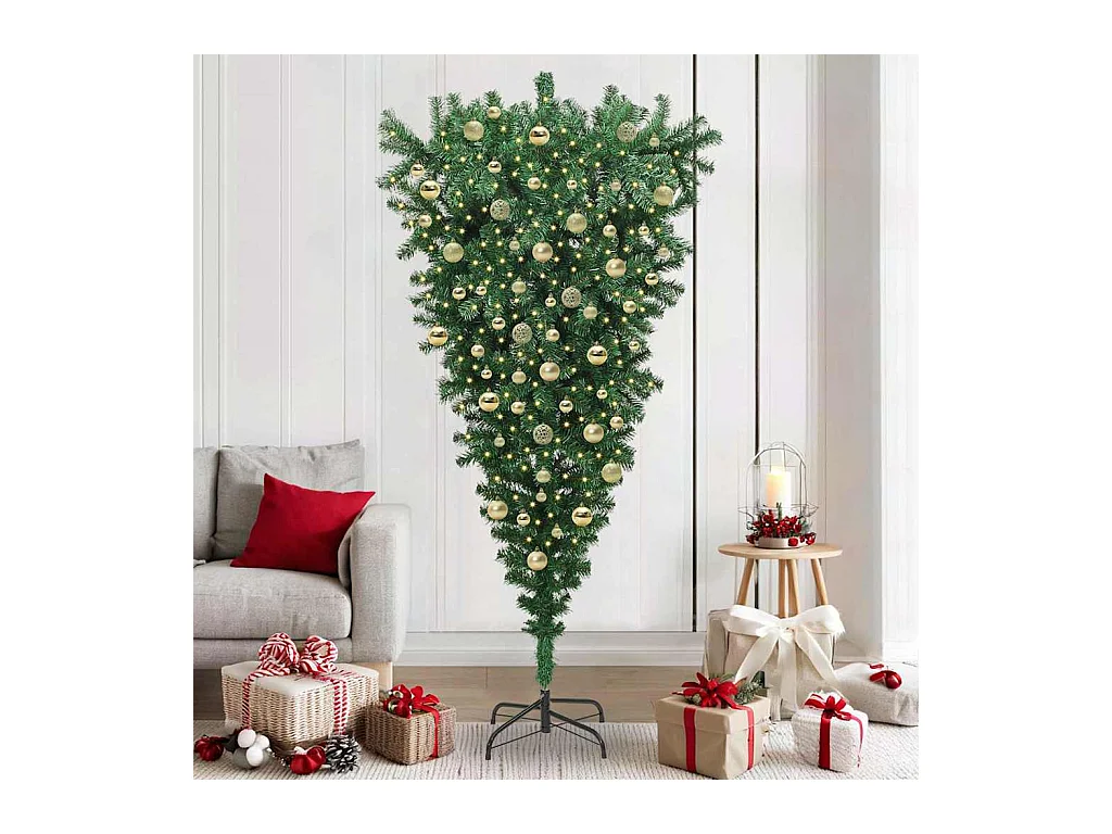 Sapin de Noël artificiel pré-éclairé à l'envers avec ensemble de boules