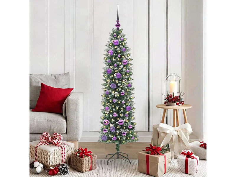Kunstmatige slanke kerstboom met 150 LED Groen en wit 150 cm
