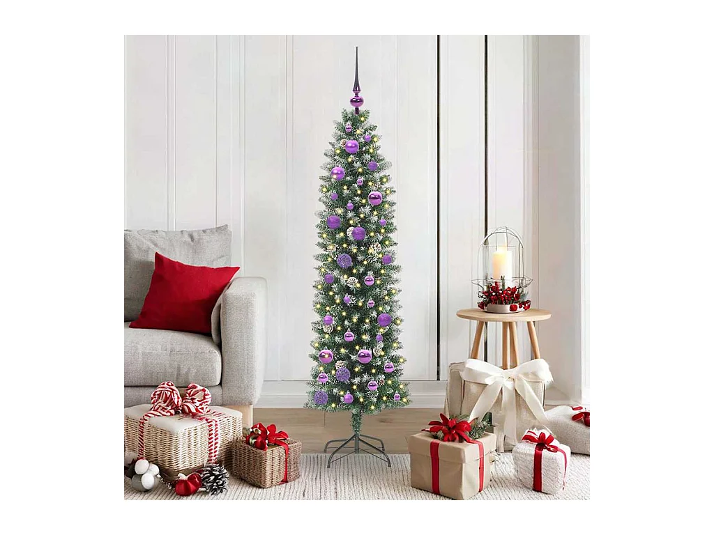 Kunstmatige slanke kerstboom met 150 LED Groen en wit 150 cm