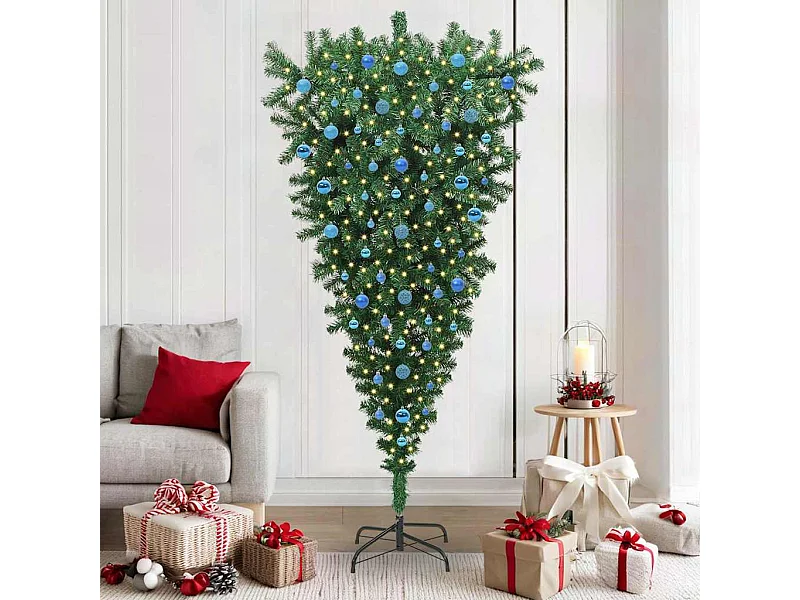 Árbol de Navidad artificial preiluminado al revés con juego de bolas