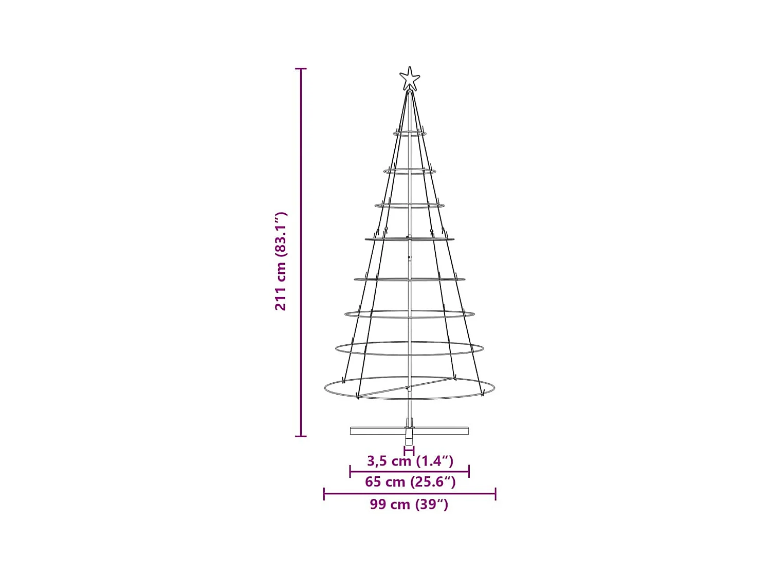 Árvore de Cone de Natal com suporte Preto 210 cm Aço
