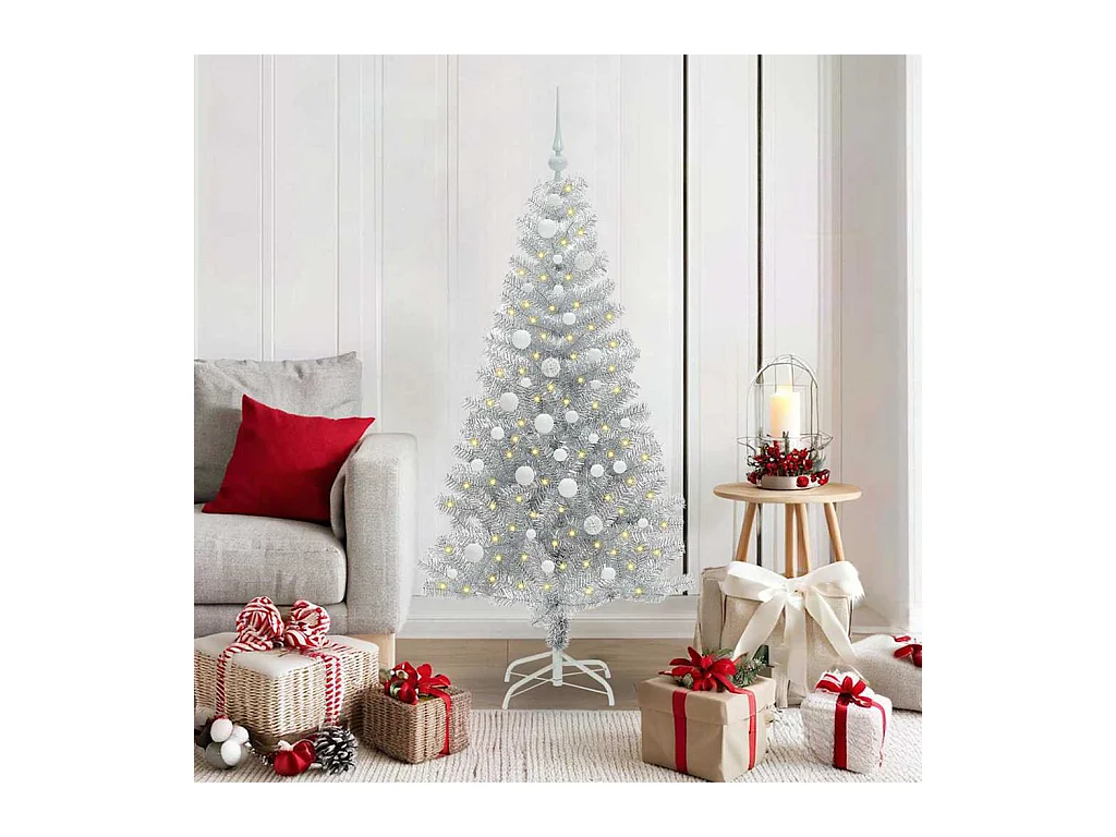 Sapin de Noël avec 150 LED avec support Argent 150 cm PET