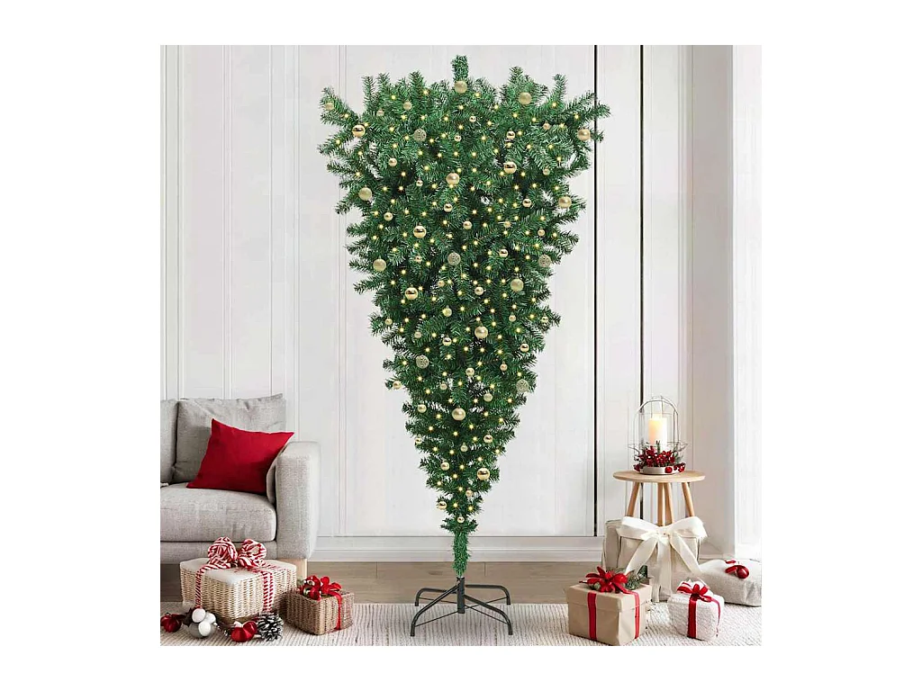 Árvore de Natal Artificial Pré-iluminada de Cabeça para Baixo com Conjunto de Bolas