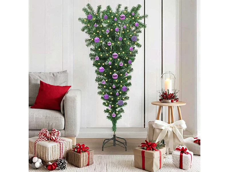 Ondersteboven Kunstkerstboom met Ballenset Groen 150 cm PVC