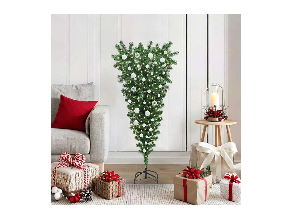 Árbol de Navidad artificial preiluminado al revés con juego de bolas