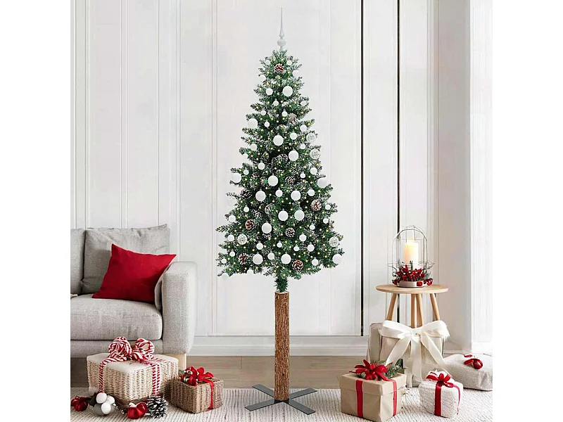 Slanke Kerstboom Groen en Wit 210 cm PVC en massief dennenhout