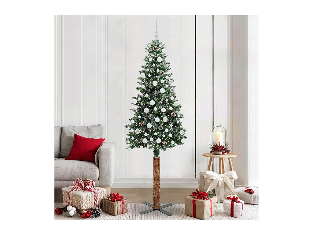 Slanke Kerstboom Groen en Wit 210 cm PVC en massief dennenhout
