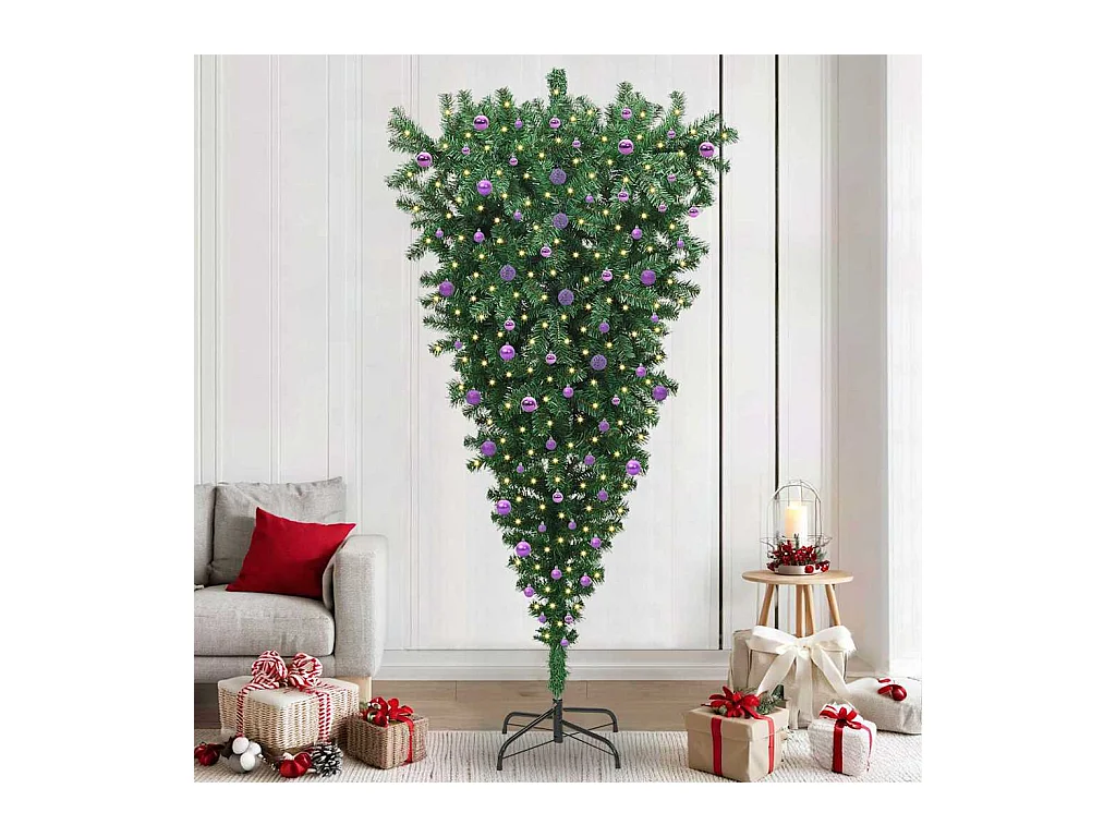 Árbol de Navidad artificial preiluminado al revés con conjunto de bolas