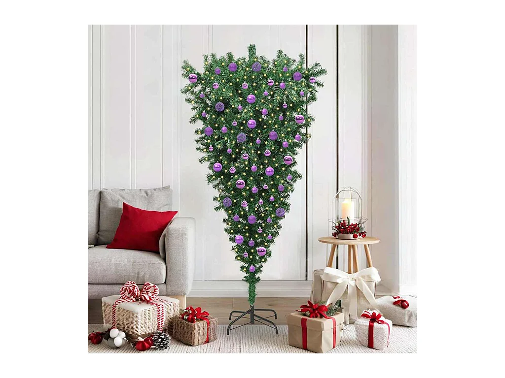 Árvore de Natal Artificial Pré-iluminada de Cabeça para Baixo com Conjunto de Bolas