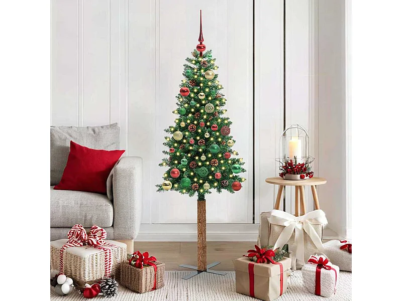 Sapin de Noël mince Vert 150 cm PVC et bois de pin massif