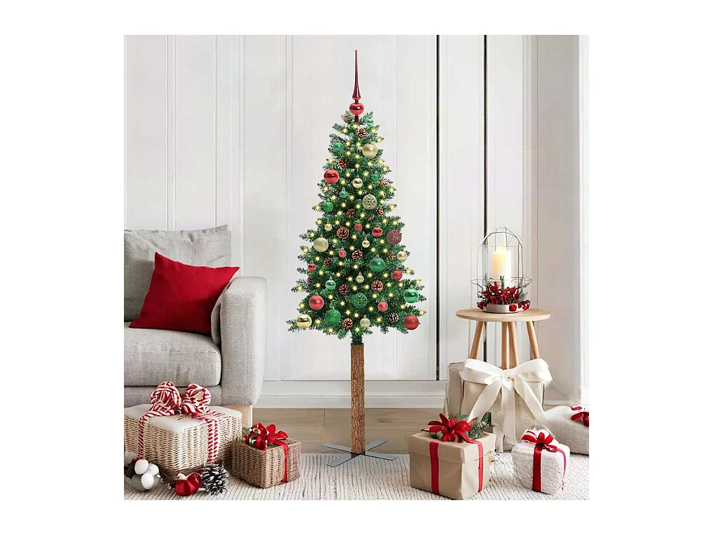 Sapin de Noël mince Vert 150 cm PVC et bois de pin massif