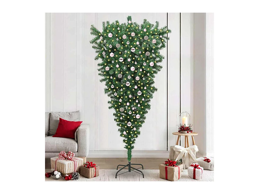 Árbol de Navidad artificial preiluminado al revés con juego de bolas