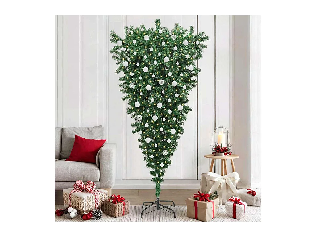 Ondersteboven Kunstkerstboom met Ballenset Groen 210 cm PVC
