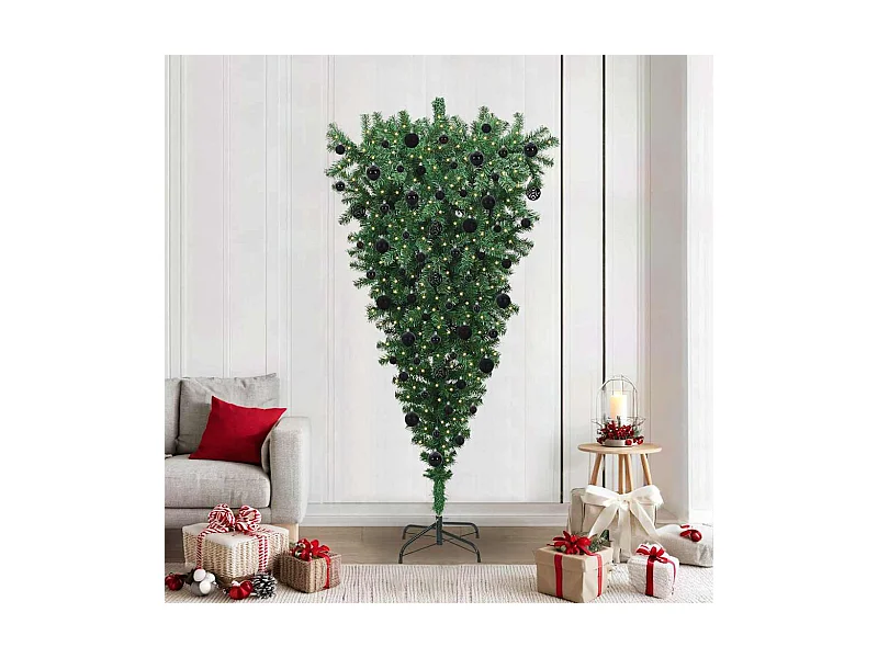 Árvore de Natal Artificial Pré-iluminada de Cabeça para Baixo com Conjunto de Bolas