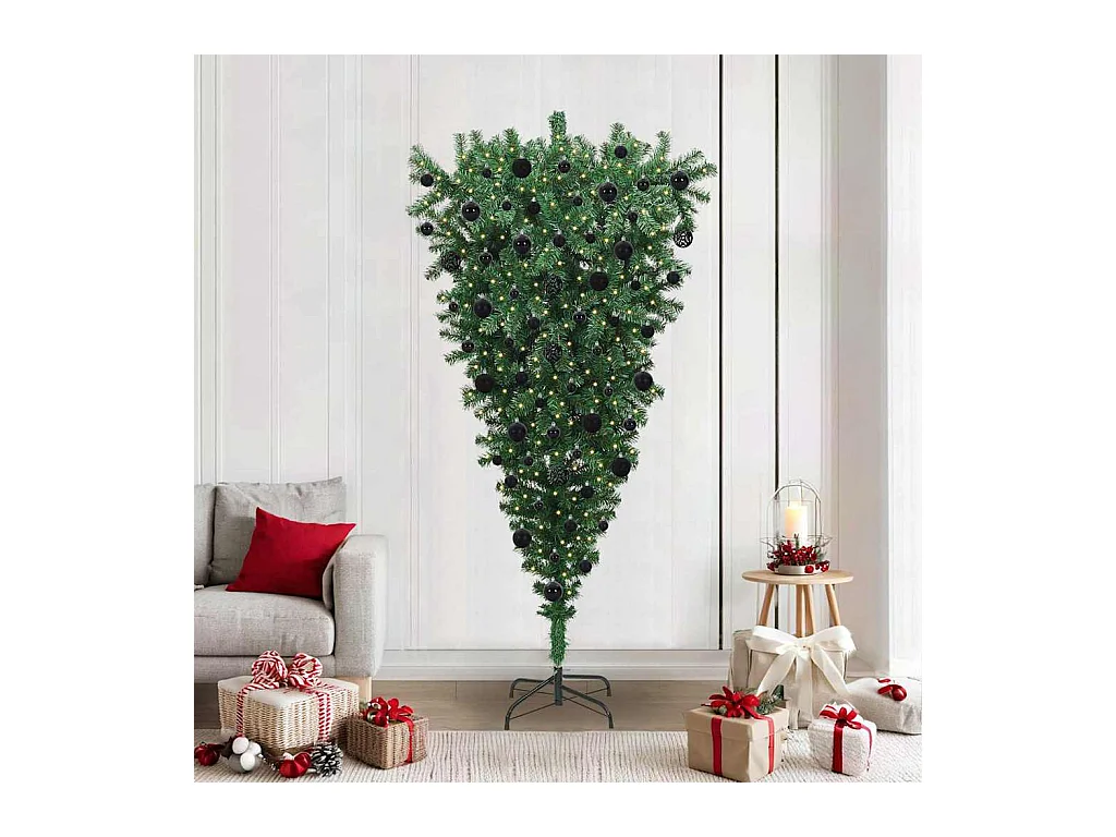 Árvore de Natal Artificial Pré-iluminada de Cabeça para Baixo com Conjunto de Bolas