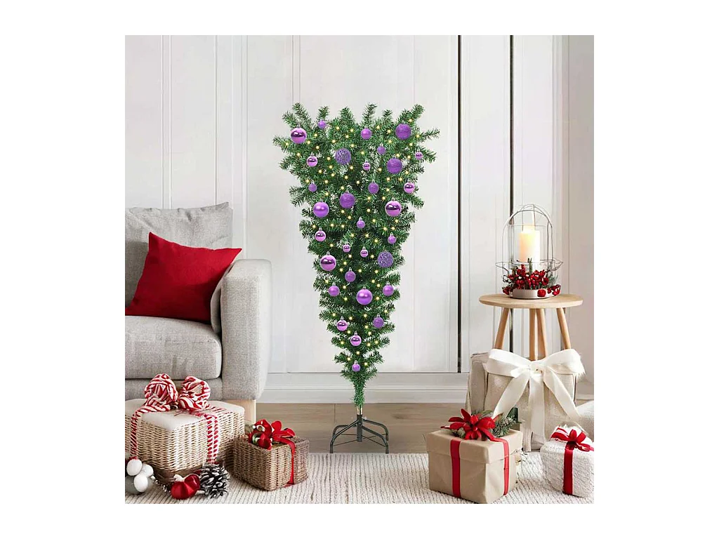 Árbol de Navidad artificial preiluminado invertido con juego de bolas