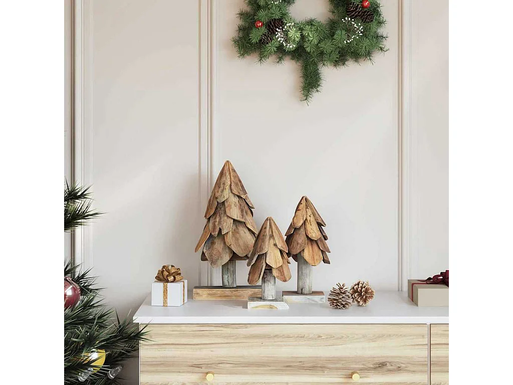 Sapin de Noël avec support 3 pièces Marron Bois de teck solide