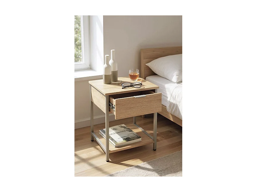 Table de nuit, table de chevet 1 tiroir coloris Chêne naturel et métal gris - Longueur 40 x Profondeur 40 x Hauteur 55 cm