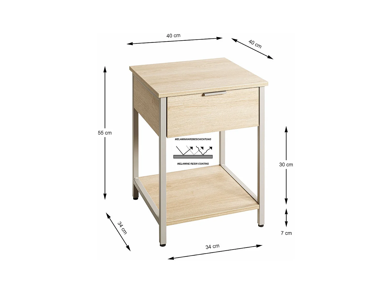 Table de nuit, table de chevet 1 tiroir coloris Chêne naturel et métal gris - Longueur 40 x Profondeur 40 x Hauteur 55 cm