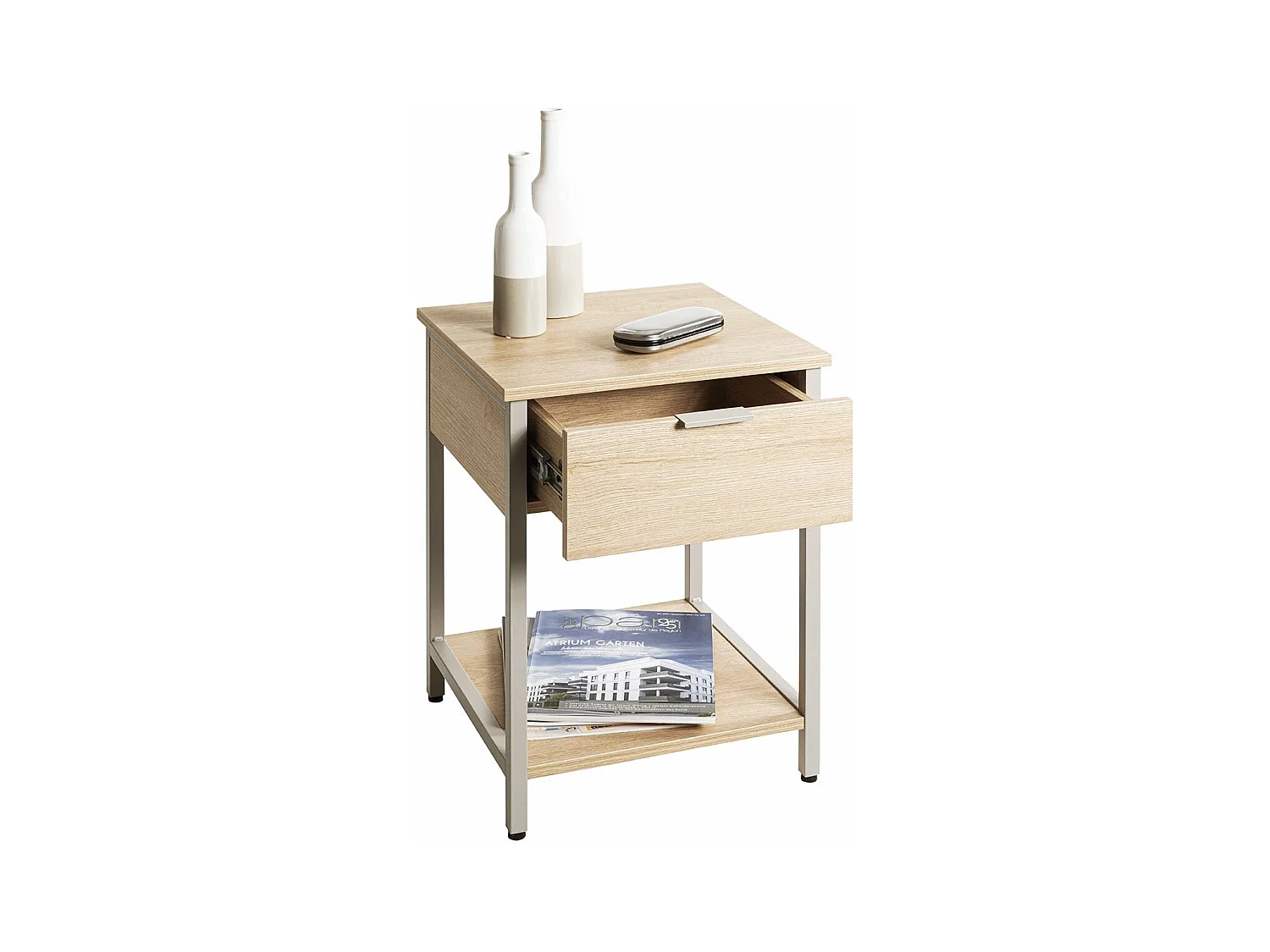 Table de nuit, table de chevet 1 tiroir coloris Chêne naturel et métal gris - Longueur 40 x Profondeur 40 x Hauteur 55 cm