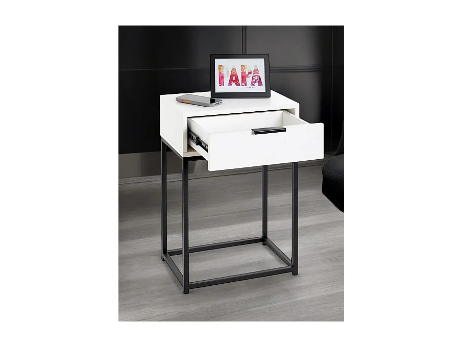 Table de nuit, table de chevet 1 tiroir coloris Blanc métal Noir - Longueur 40 x Profondeur 28 x Hauteur 60 cm
