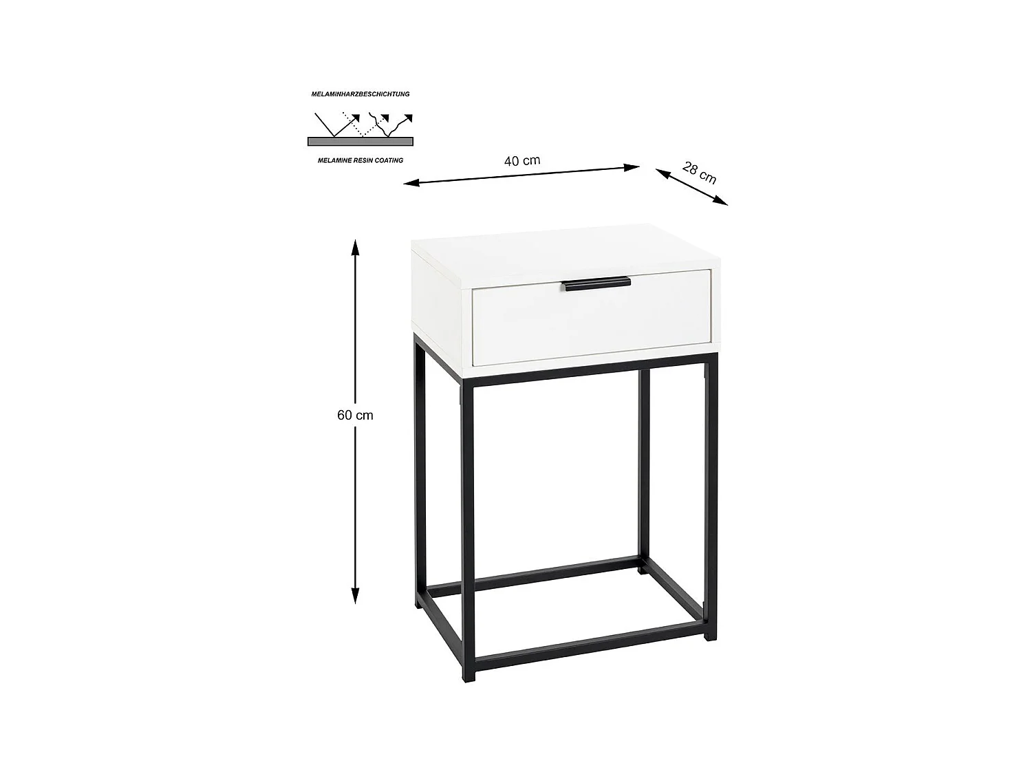 Table de nuit, table de chevet 1 tiroir coloris Blanc métal Noir - Longueur 40 x Profondeur 28 x Hauteur 60 cm