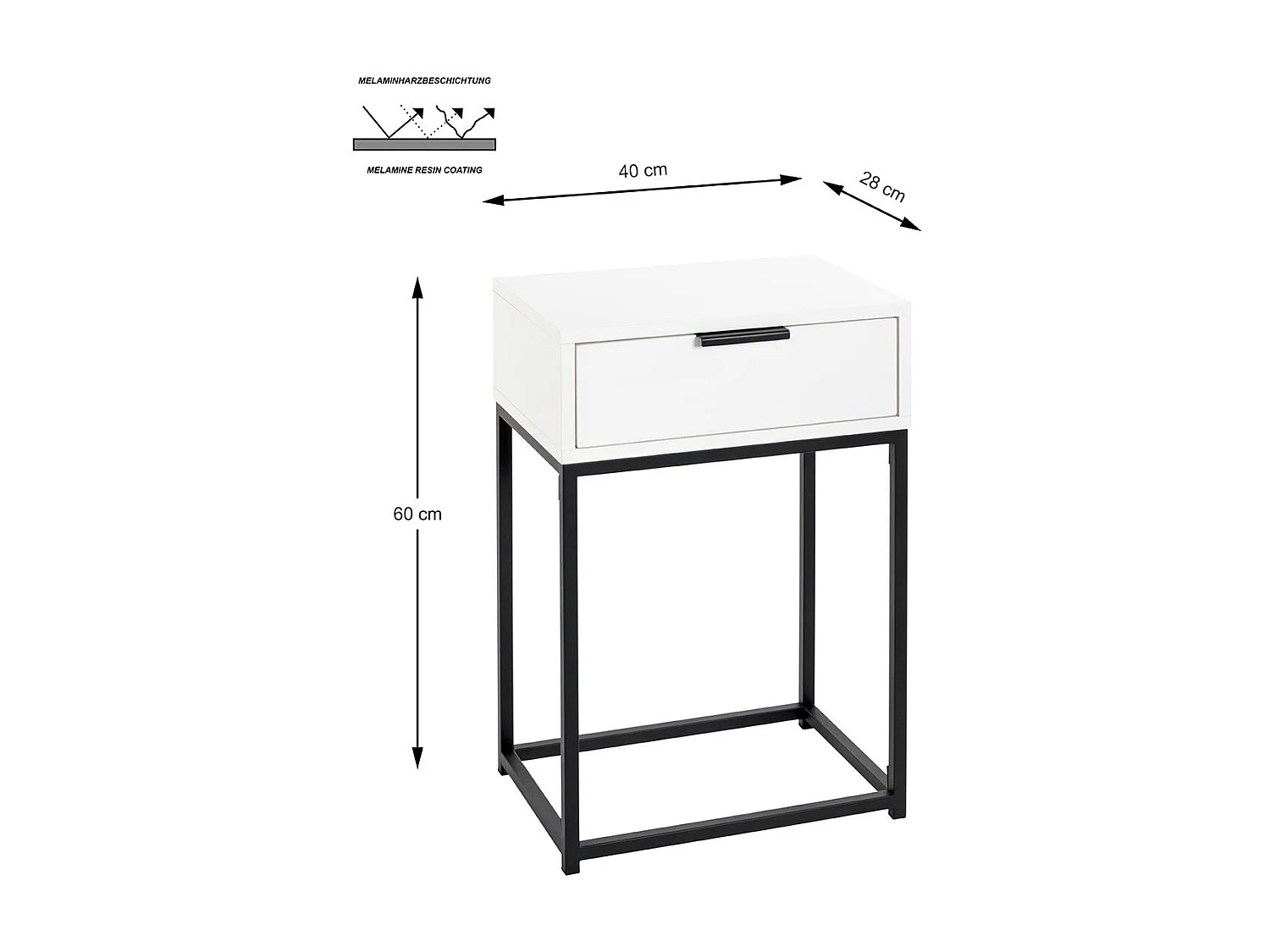 Table de nuit, table de chevet 1 tiroir coloris Blanc métal Noir - Longueur 40 x Profondeur 28 x Hauteur 60 cm