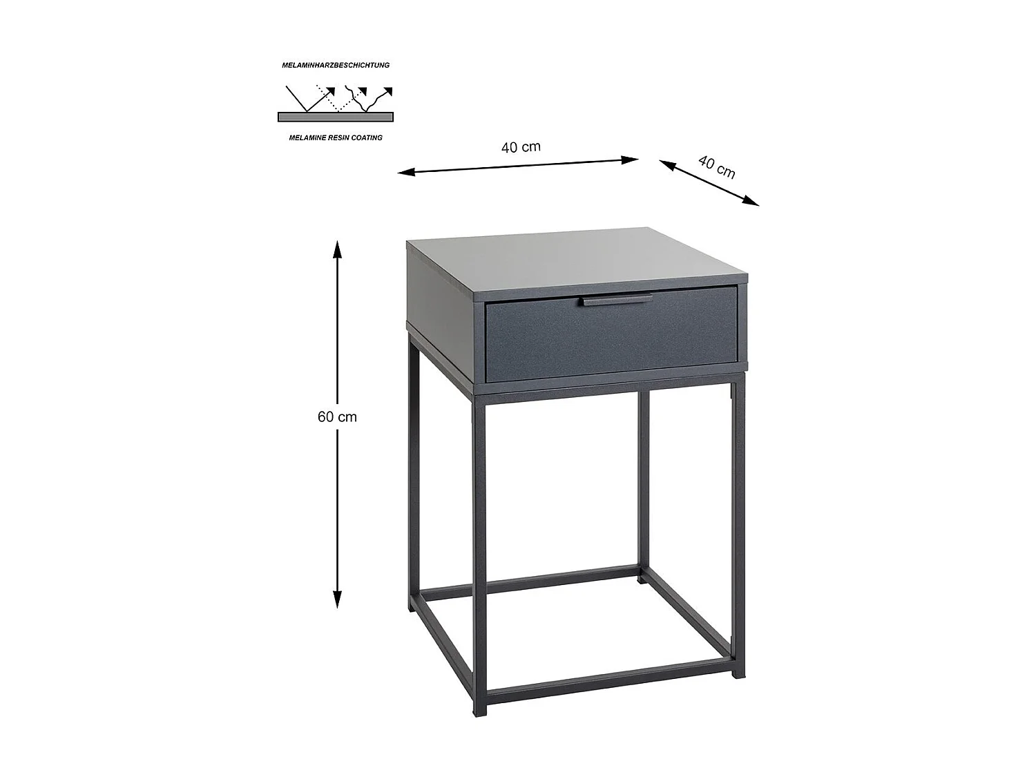 Table de nuit, table de chevet 1 tiroir coloris gris anthracite/Noir - Longueur 40 x Profondeur 40 x Hauteur 60 cm