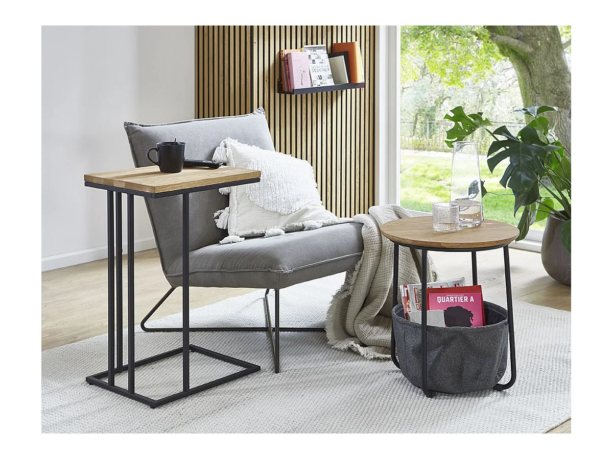 Table d'appoint Table à café bout de canapé coloris chêne/noir - Longueur 35 x Hauteur 68 x Profondeur 46cm
