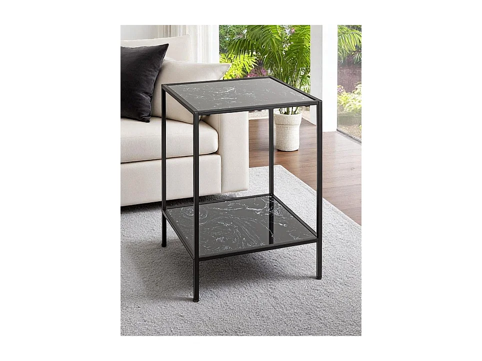 Table d'appoint carré surface imitation marbre Noir et structure en métal Noir