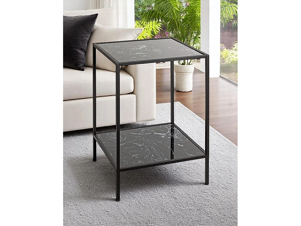 Table d'appoint carré surface imitation marbre Noir et structure en métal Noir