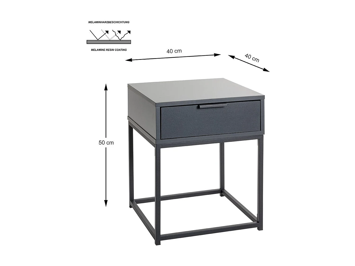 Table de nuit, table de chevet 1 tiroir coloris gris anthracite/Noir - Longueur 40 x Profondeur 40 x Hauteur 50 cm