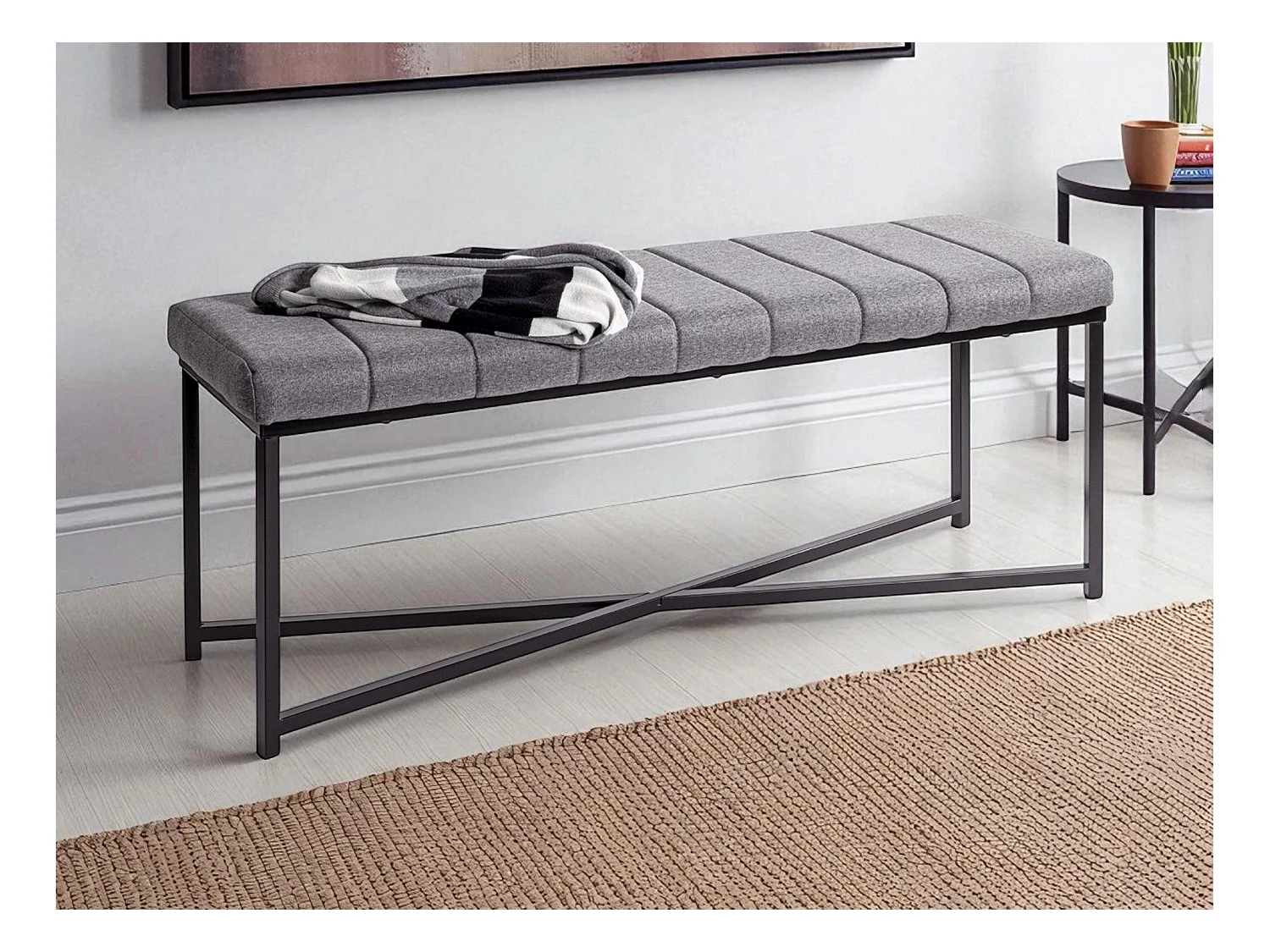 Banc avec siège rembouré gris et cadre en métal Noir - Longueur 118 x Hauteur 47 x Profondeur 38cm