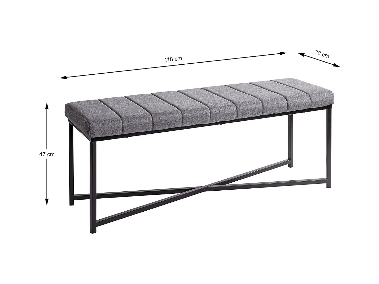 Banc avec siège rembouré gris et cadre en métal Noir - Longueur 118 x Hauteur 47 x Profondeur 38cm
