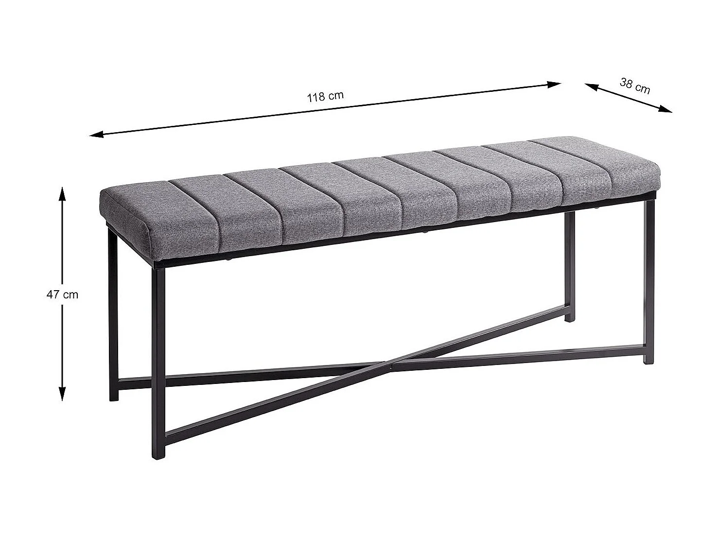 Banc avec siège rembouré gris et cadre en métal Noir - Longueur 118 x Hauteur 47 x Profondeur 38cm