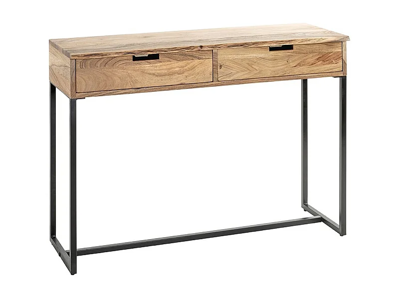 Table console meuble d'entrée 2 tiroirs coloris chêne et métal noir - Longueur 100 x Hauteur 75 x Profondeur 35cm