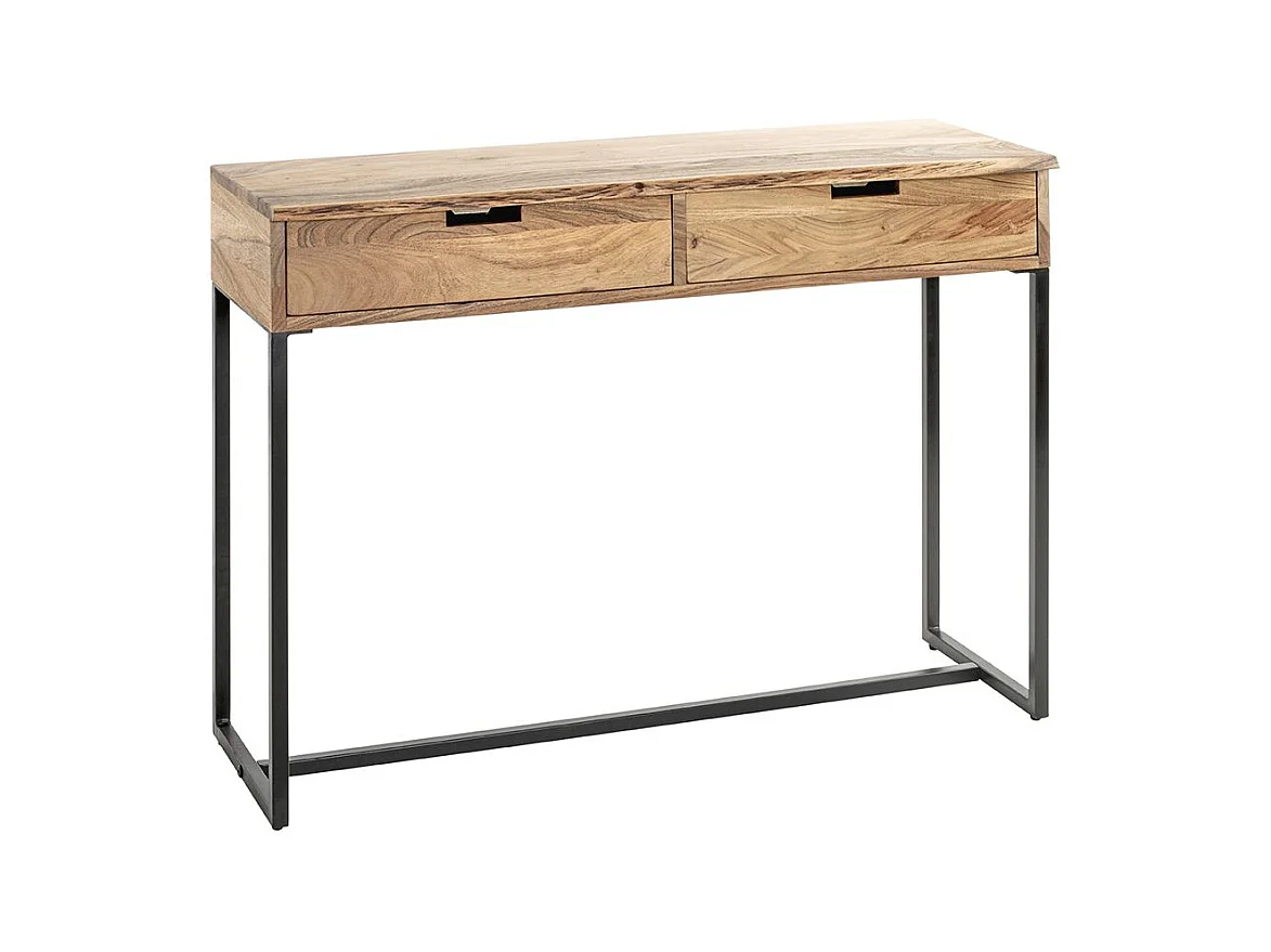 Table console meuble d'entrée 2 tiroirs coloris chêne et métal noir - Longueur 100 x Hauteur 75 x Profondeur 35cm
