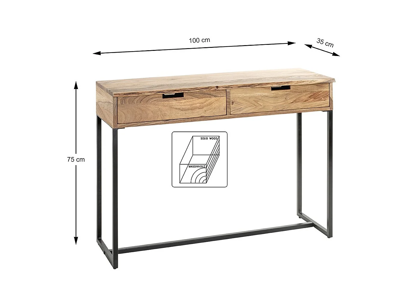 Table console meuble d'entrée 2 tiroirs coloris chêne et métal noir - Longueur 100 x Hauteur 75 x Profondeur 35cm