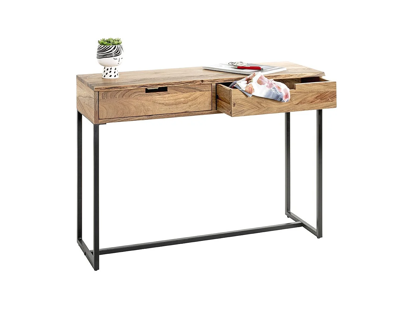 Table console meuble d'entrée 2 tiroirs coloris chêne et métal noir - Longueur 100 x Hauteur 75 x Profondeur 35cm