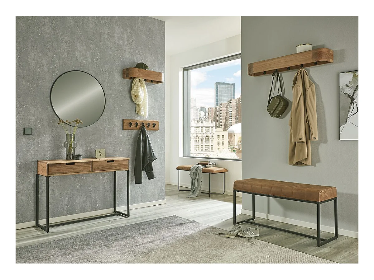 Table console meuble d'entrée 2 tiroirs coloris chêne et métal noir - Longueur 100 x Hauteur 75 x Profondeur 35cm