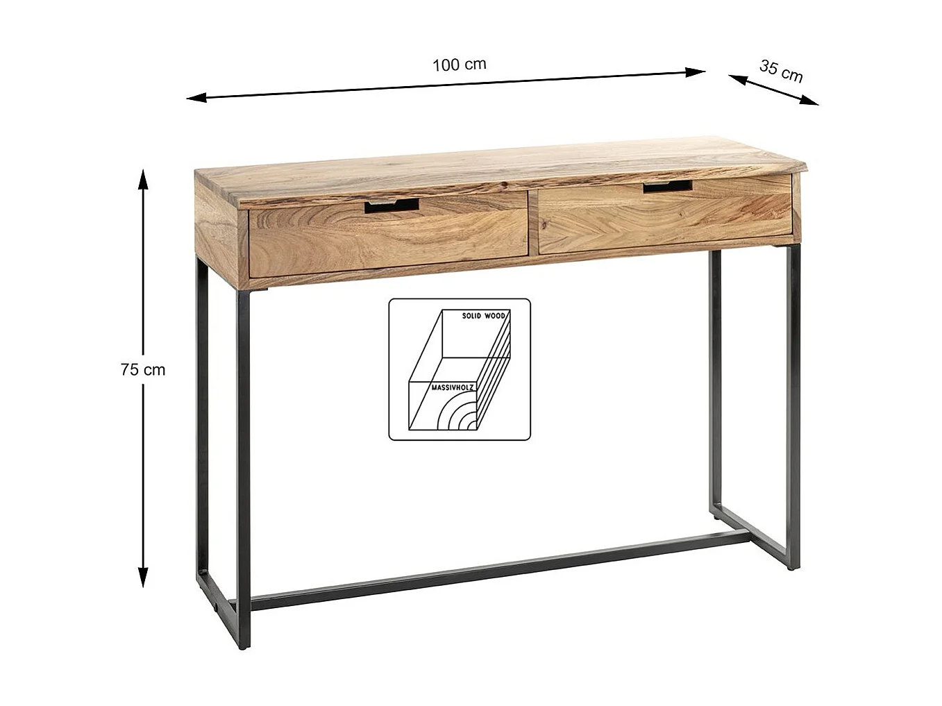 Table console meuble d'entrée 2 tiroirs coloris chêne et métal noir - Longueur 100 x Hauteur 75 x Profondeur 35cm