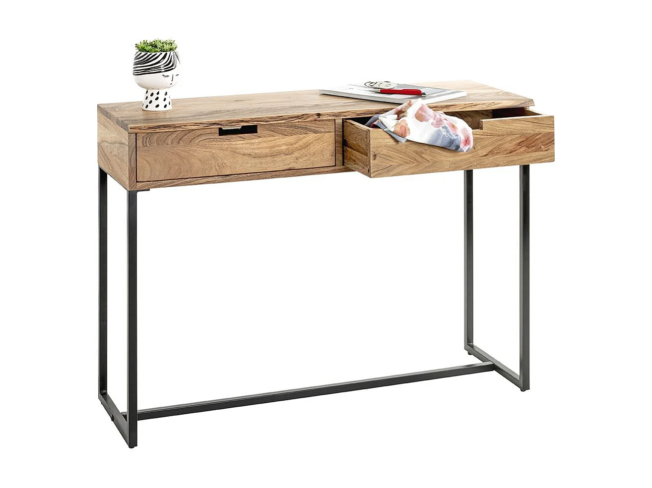 Table console meuble d'entrée 2 tiroirs coloris chêne et métal noir - Longueur 100 x Hauteur 75 x Profondeur 35cm