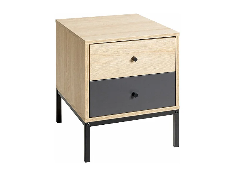 Table de nuit table de chevet 2 tiroirs coloris Chêne/gris et pieds en métal noir - Longueur 40 x Hauteur 50 x Profondeur 45 cm