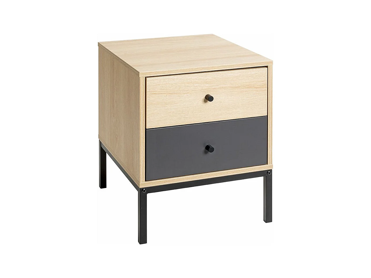 Table de nuit table de chevet 2 tiroirs coloris Chêne/gris et pieds en métal noir - Longueur 40 x Hauteur 50 x Profondeur 45 cm