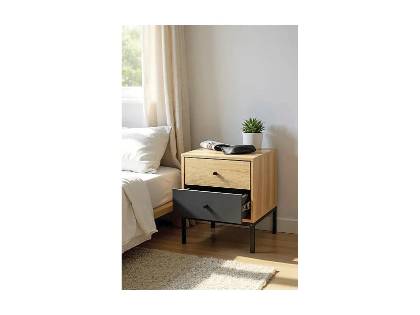 Table de nuit table de chevet 2 tiroirs coloris Chêne/gris et pieds en métal noir - Longueur 40 x Hauteur 50 x Profondeur 45 cm