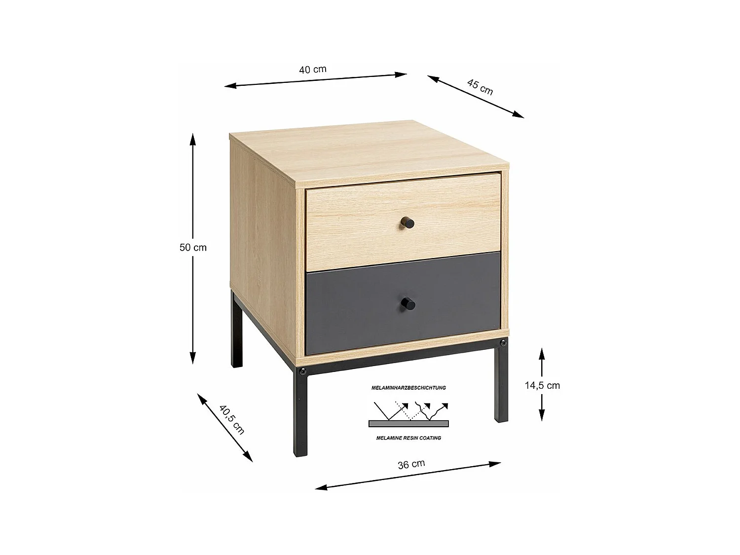 Table de nuit table de chevet 2 tiroirs coloris Chêne/gris et pieds en métal noir - Longueur 40 x Hauteur 50 x Profondeur 45 cm