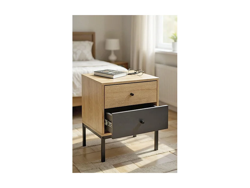 Table de nuit table de chevet 2 tiroirs coloris Chêne/gris et pieds en métal noir - Longueur 40 x Hauteur 50 x Profondeur 45 cm