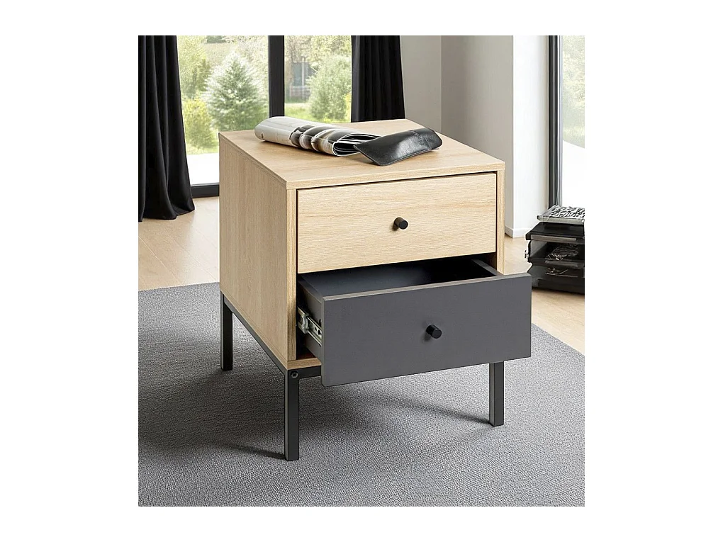 Table de nuit table de chevet 2 tiroirs coloris Chêne/gris et pieds en métal noir - Longueur 40 x Hauteur 50 x Profondeur 45 cm